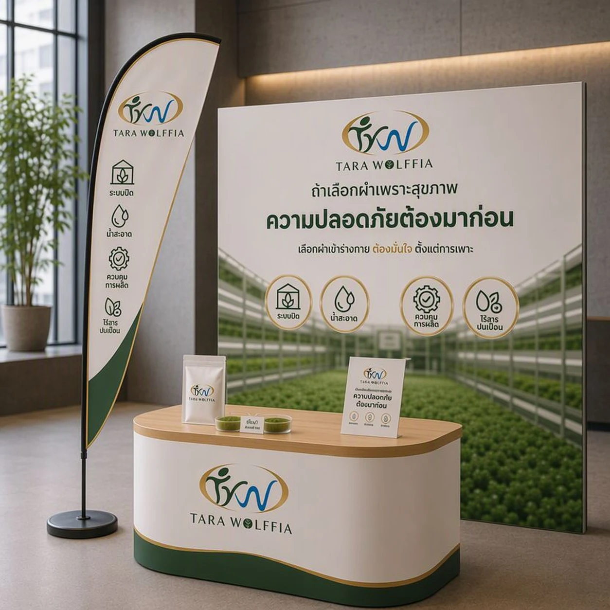 บูธแสดงสินค้าธาราวูล์ฟเฟียร พร้อมธงชายหาดและเคาน์เตอร์วางผลิตภัณฑ์